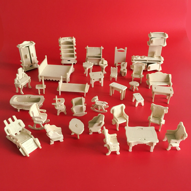 Wooden Hand-Assembled Educational Toys 3D Wooden Stereo Puzzle DIY Furniture Model 34-Piece Furniture Set
