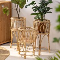 Nordic rattan straw flower basket wooden high-foot flower shelf living room floor-standing living room B&B decorative green plant flower pot