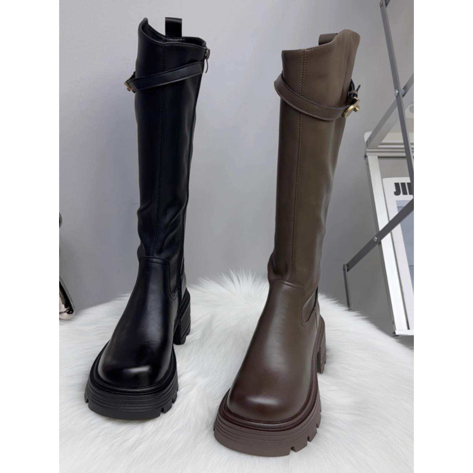 Брендовые кожаные рыцарские сапоги на боковой молнии с круглым носком и косой горловиной, новинка зимы 2025 года, универсальные сапоги до колена