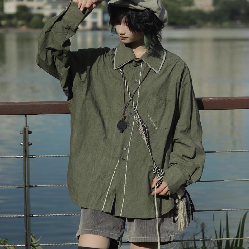 Retro Japanese-Style Washed and Distressed Loose Long-Sleeve Shirt, Oversized Pure Cotton Unisex Jacket for Men, Trendy Retro Japanese-Style Washed and Distressed Loose Long-Sleeve Shirt, Oversized Pure Cotton Unisex Jacket for Men, Trendy
