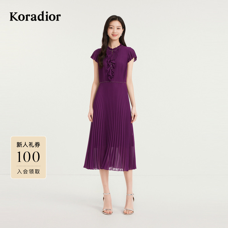 Keradier French Ruffled Pleated Light Dress with Swarovski Diamond Embellishments, Slim-Fitting Mid-Length Dress