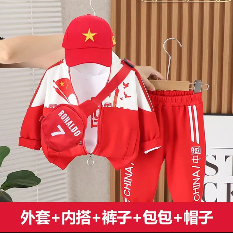 Мужские и женские детские весенние и осенние костюмы 2025 года, модели красного цвета, спортивная одежда для маленьких и средних детей, повседневный костюм-тройка на национальный день в западном стиле