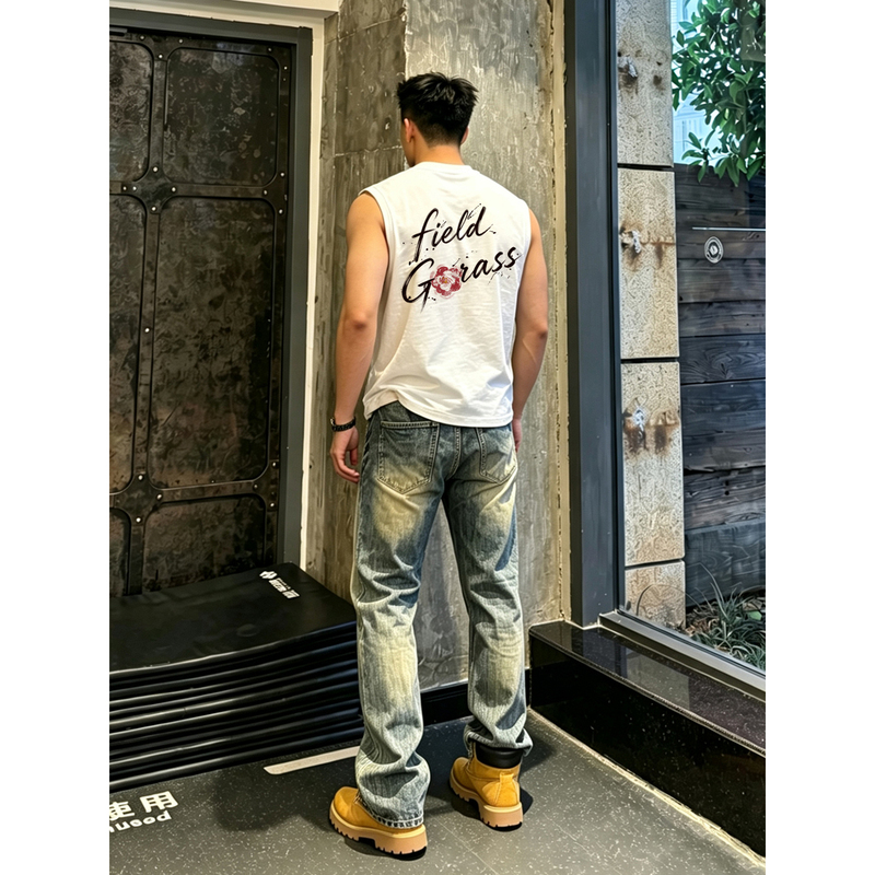 American Retro Vibe Floral Print Vest for Men, Summer High-End Casual Outerwear, Pure Cotton Sleeveless T-Shirt