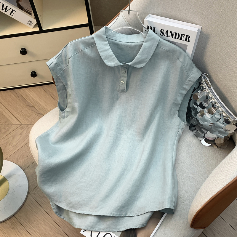 Korean-Style Simple Linen Collared Shirt for Women, Summer Casual Sleeveless Vest, Cotton-Linen Solid Color Pullover Top, Thin