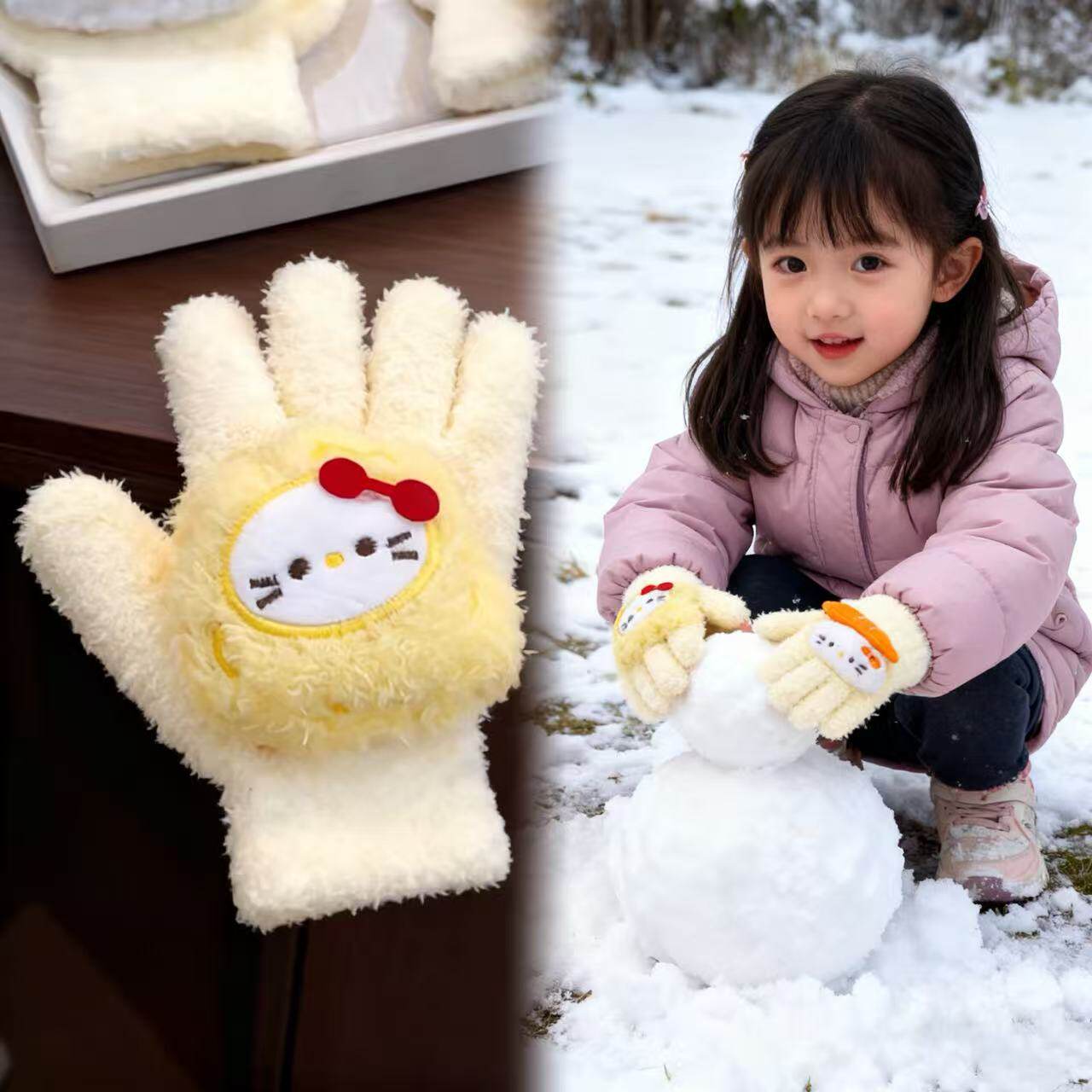 サンリオの柔らかくてふわふわした厚手の暖かい手袋は、3歳から10歳までの小学生の女の子に最適で、スキーや防寒対策にぴったりです。