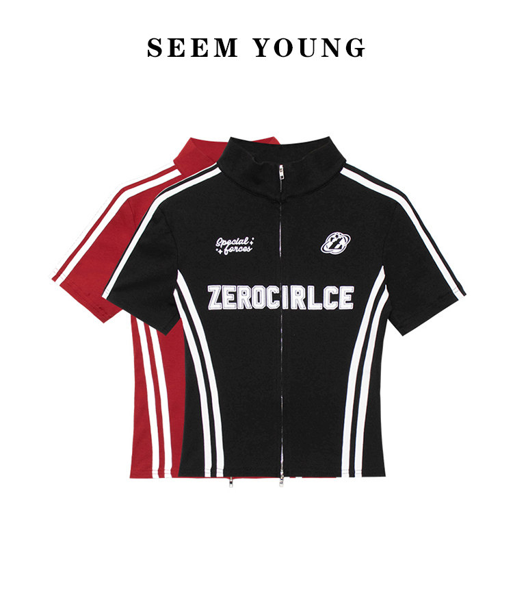 淘集运台湾代购台湾集运美式学院风辣妹紧身拉链t恤女洋气百搭时尚字母印花短款运动上衣