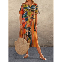 Womens Dresses 3d Hand-Painted Pattern Short Sleeve Tops Cas
