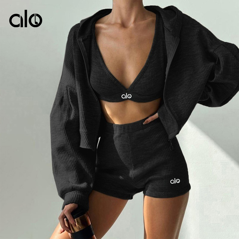 Alonsem Knitted Zipper Hooded Cardigan Women's Sweatshirt V-Neck Bra High-Waisted Tight Shorts Casual Three-Piece Set