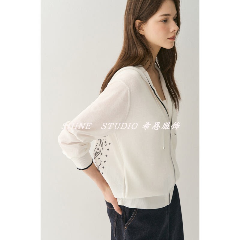 Korean Style Min~Back Jacquard Design~Drawstring Hooded Cardigan Zipper Thin Jacket Early Autumn Long Sleeve Kot401Wp Korean Style Min~Back Jacquard Design~Drawstring Hooded Cardigan Zipper Thin Jacket Early Autumn Long Sleeve Kot401Wp