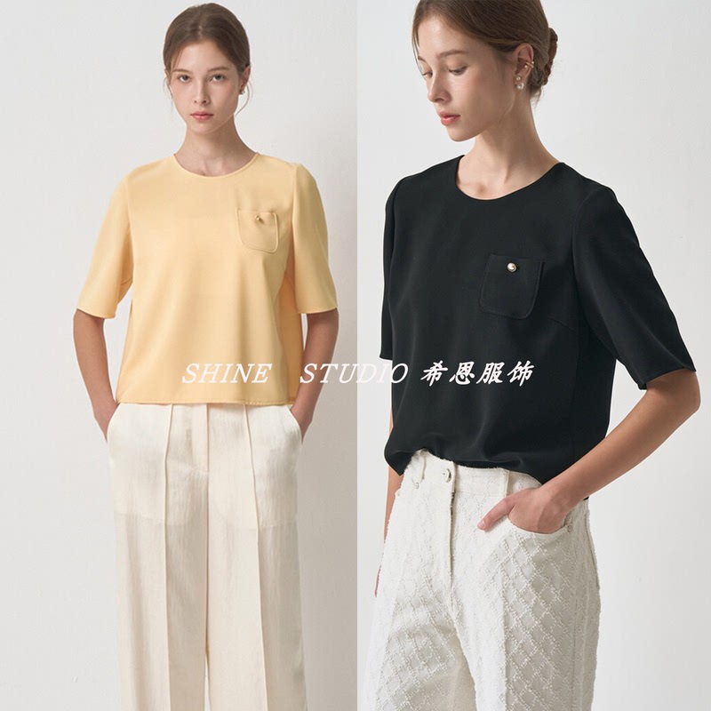 Korean Style Min~ Casual Versatile Pocket Solid Color Short-Sleeve T-Shirt for Women, Summer Elegant Style, Workplace Top, Round Neck Wto047W