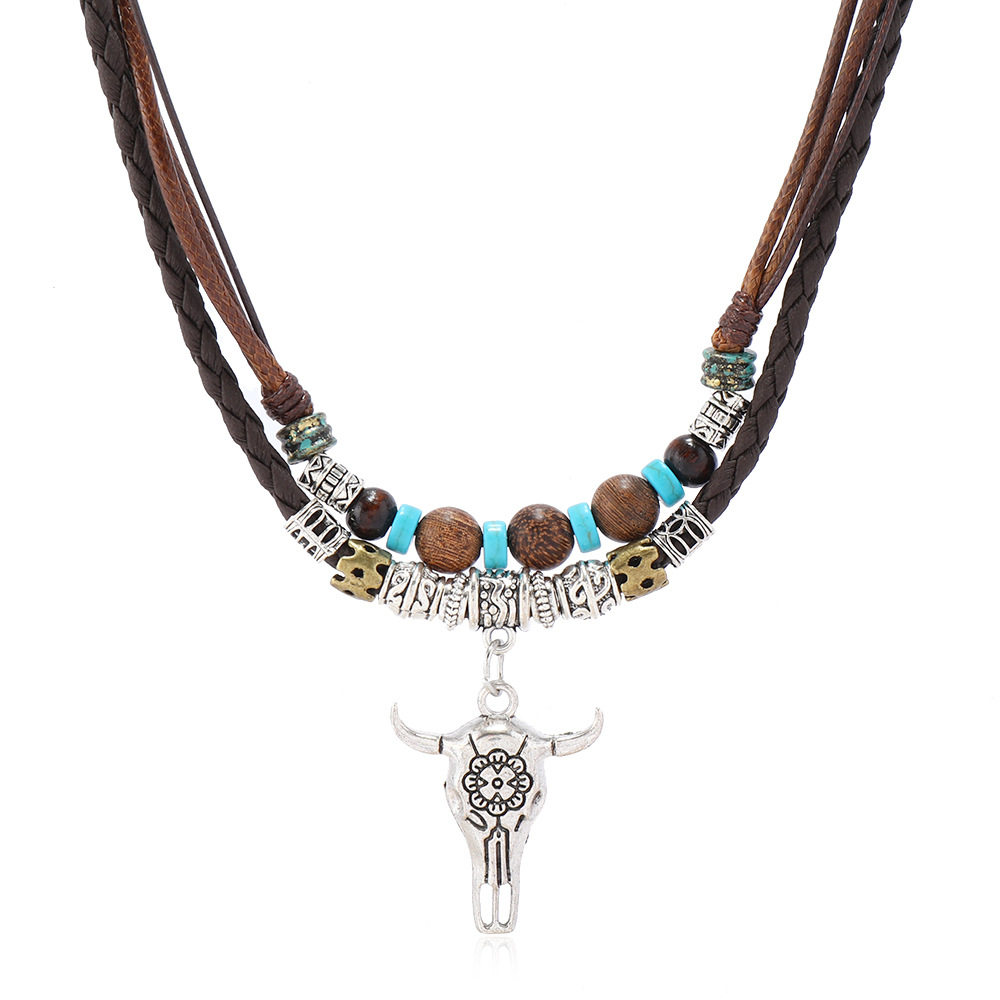 European and American retro necklace, Western cowboy bull head hat, Bohemian multi-layered handmade rope necklace