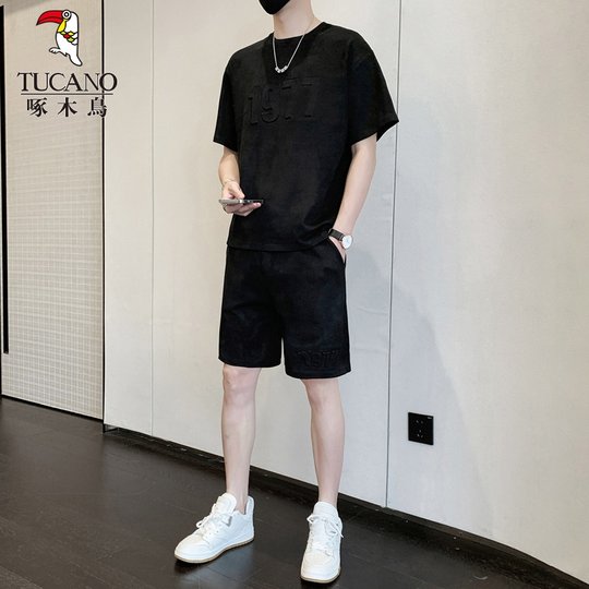 Woodpecker Ice Silk Sports Suit Men's Short-Sleeve T-Shirt 2025 Summer New Style with Casual Shorts Set