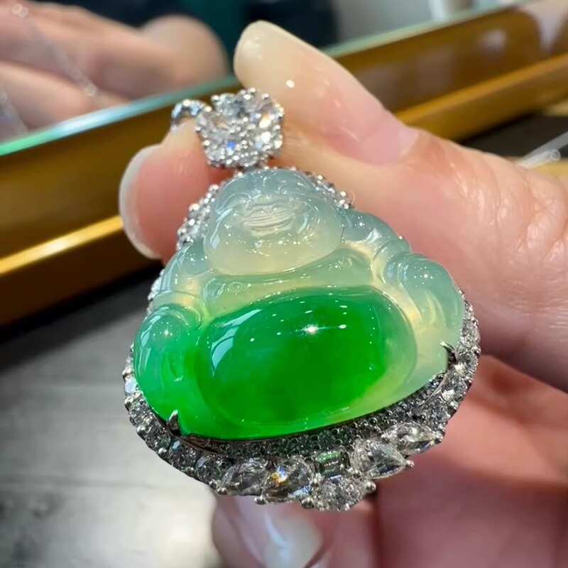 Natural Ice Jade Buddha Pendant, Burmese A-Grade Jade with Green Flower Pattern, High-End Authentic Big Belly Buddha Jade Pendant