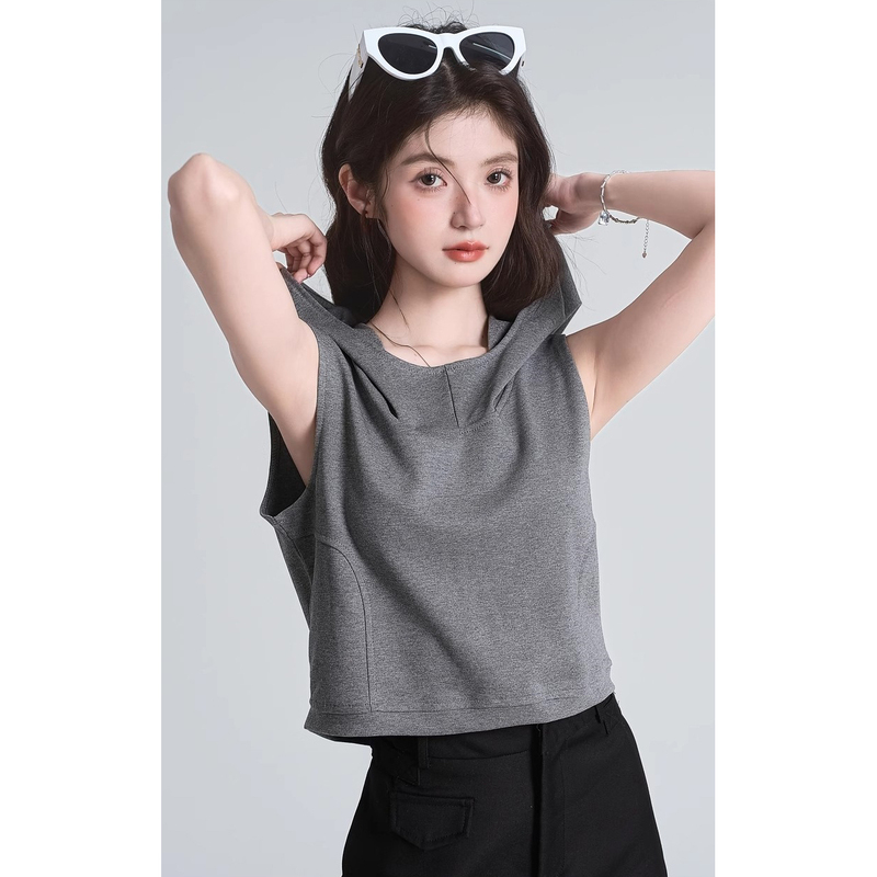 British Dhwa American-Style Hooded Sleeveless T-Shirt for Women, Summer 2026 New Fashion Hooded Backless Hollow-Out Niche Top