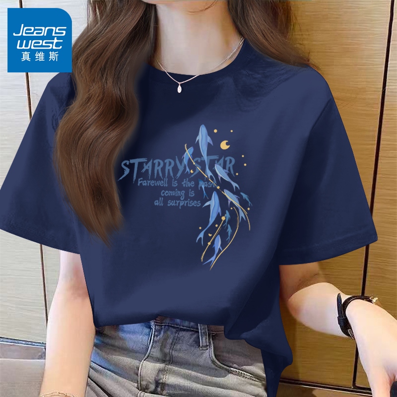 Jeanswest ネイビーブルー 半袖 Tシャツ レディース 2025 新作 夏 小さめ ゆったり カジュアル 半袖 トップス 服 X