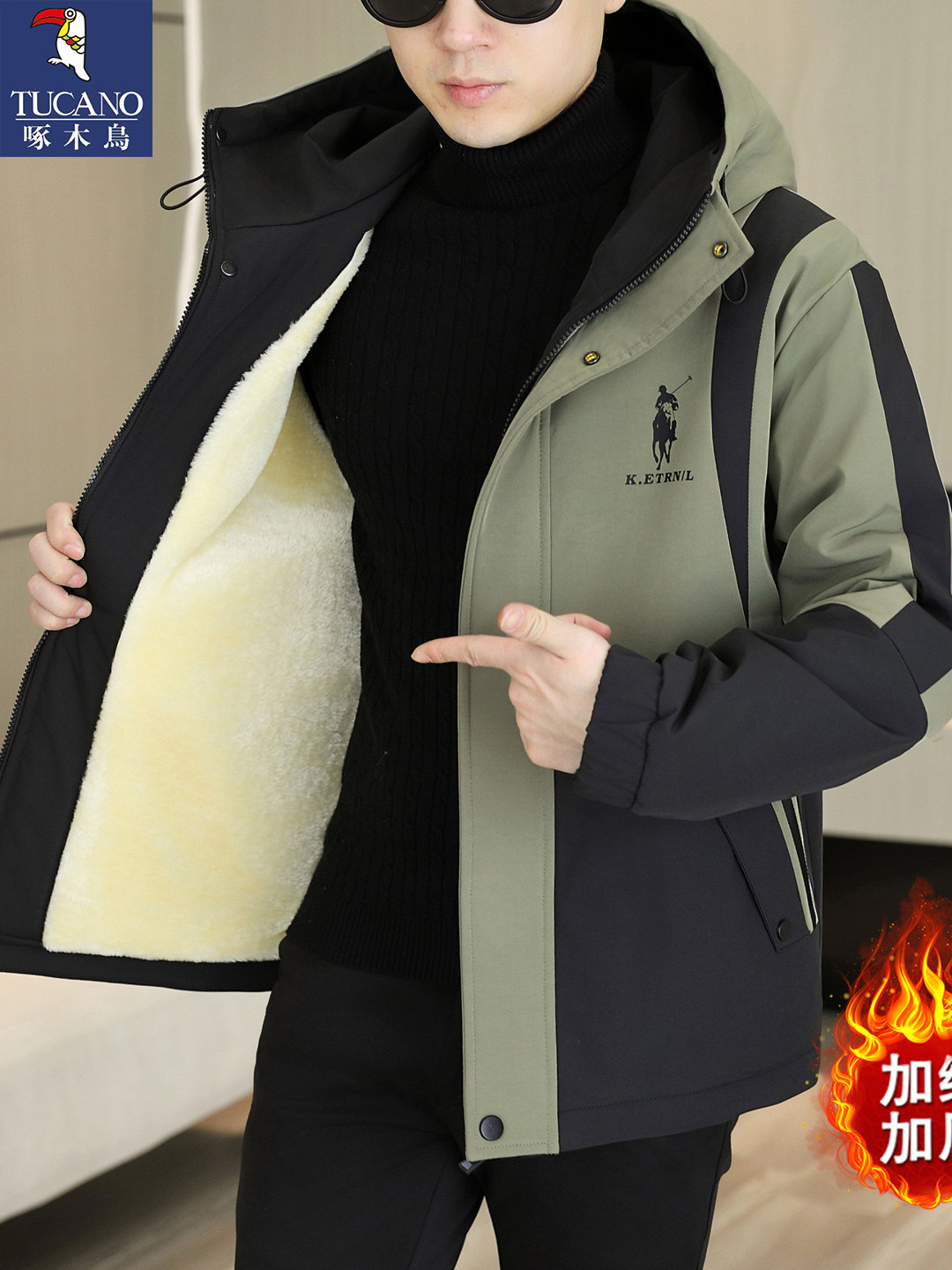 Woodpecker Men's Jacket 2025 New Men's Workwear Hooded Fleece Jacket Windbreaker Winter Thickened Cotton Coat