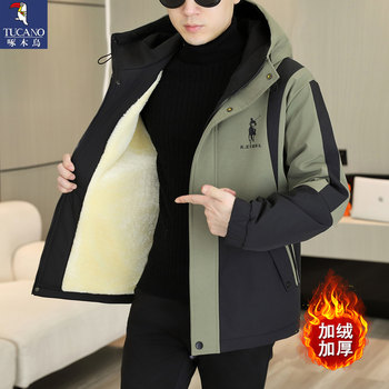 Woodpecker Men's Jacket 2025 New Men's Workwear Hooded Fleece Jacket Windbreaker Winter Thickened Cotton Coat