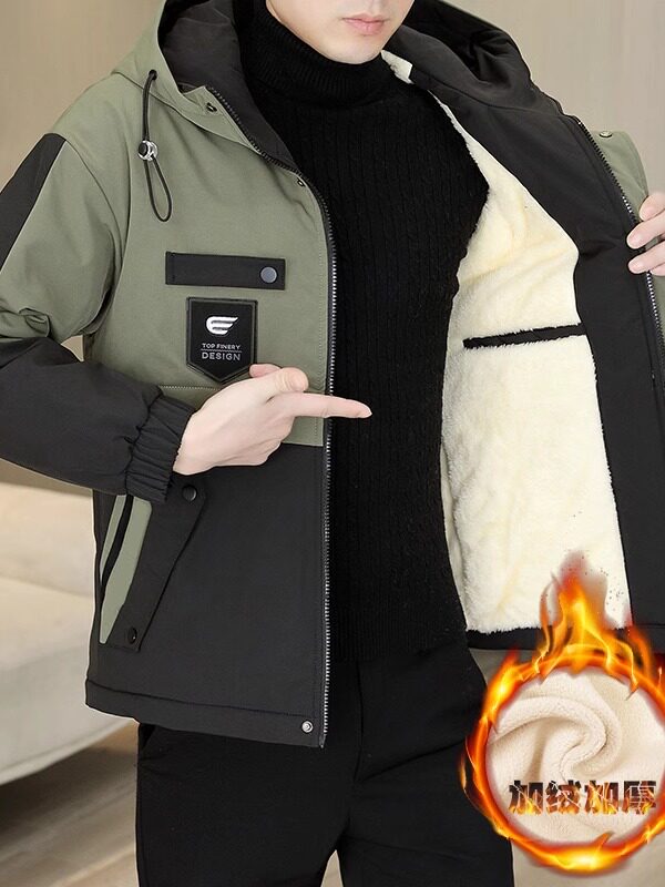 Woodpecker Men's Jacket New Trendy Men's Workwear Hooded Fleece Jacket Windbreaker Winter Thickened Cotton Coat