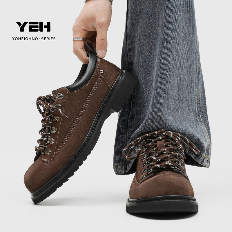 Retro Hiking Derby Shoes for Men, Thick-Soled Height-Increasing Work Shoes, British Style Outdoor Breathable Versatile Work Clothing Casual Leather Shoes