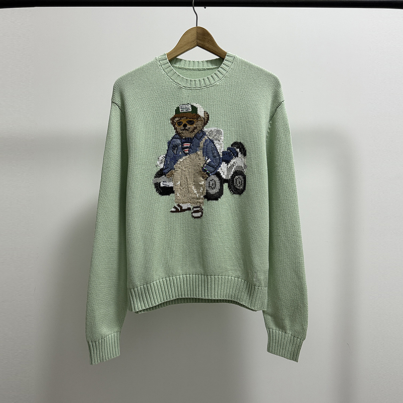 Rl Celadon Green Bear Knitwear Women's American Classic Old Money Style Autumn and Winter High-End Round Neck Loose Knitwear