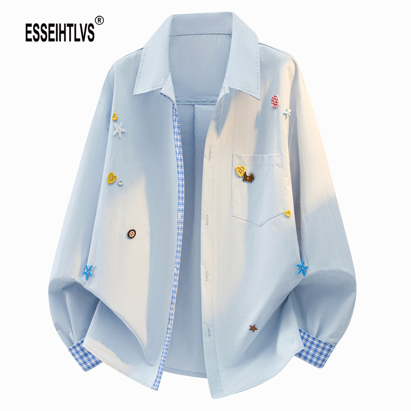 Esseihtlvs Retro Plaid Badge Design Long-Sleeved Shirt for Men and Women, Trendy Brand Loose Casual Versatile Shirt Esseihtlvs Retro Plaid Badge Design Long-Sleeved Shirt for Men and Women, Trendy Brand Loose Casual Versatile Shirt