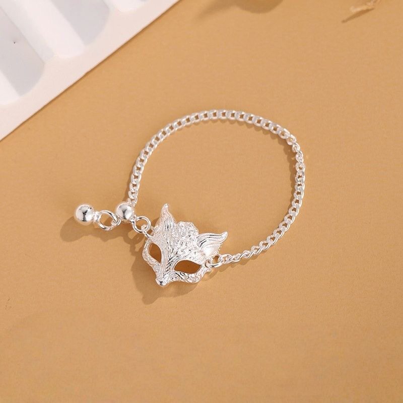 Internet celebrity popular pure silver 999 tassel pull-out fox mask live ring new ring lover gift
