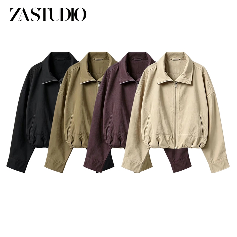 Za New Autumn Women's Clothing Flip-Collar Long-Sleeved Zippered Bubble Hem Short Jacket 1341989 Za New Autumn Women's Clothing Flip-Collar Long-Sleeved Zippered Bubble Hem Short Jacket 1341989