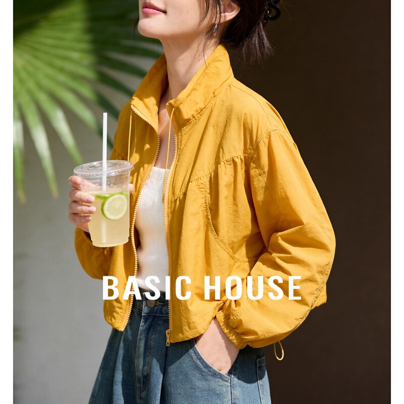 Basic House/Baijiahao Short Zipper Jacket for Women, Summer Casual Stand Collar, Waist-Cinching, Versatile Design Jacket