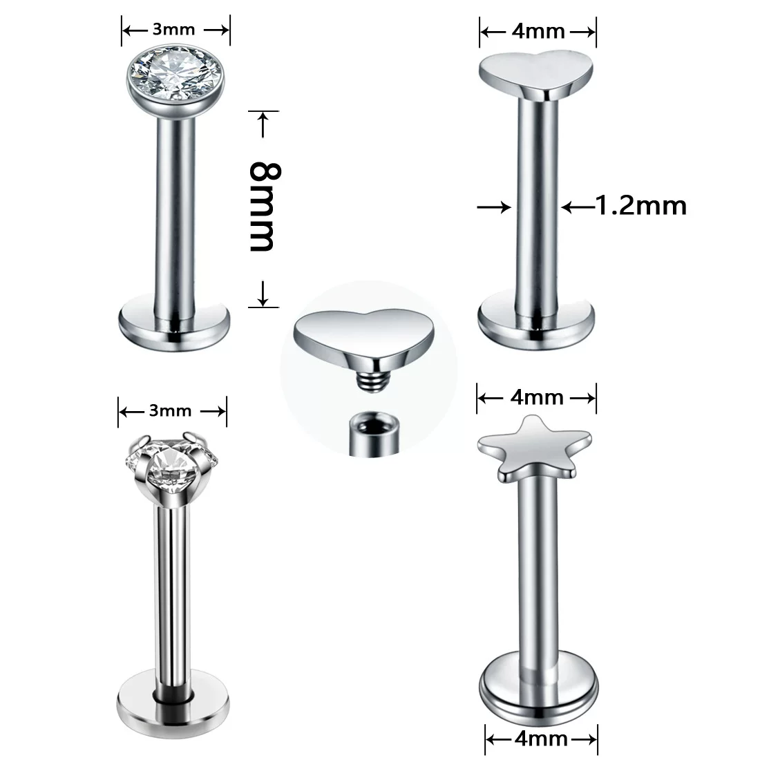[12PC Crystal Labret Piercing Set 16G Heart Tragus Piercing E]