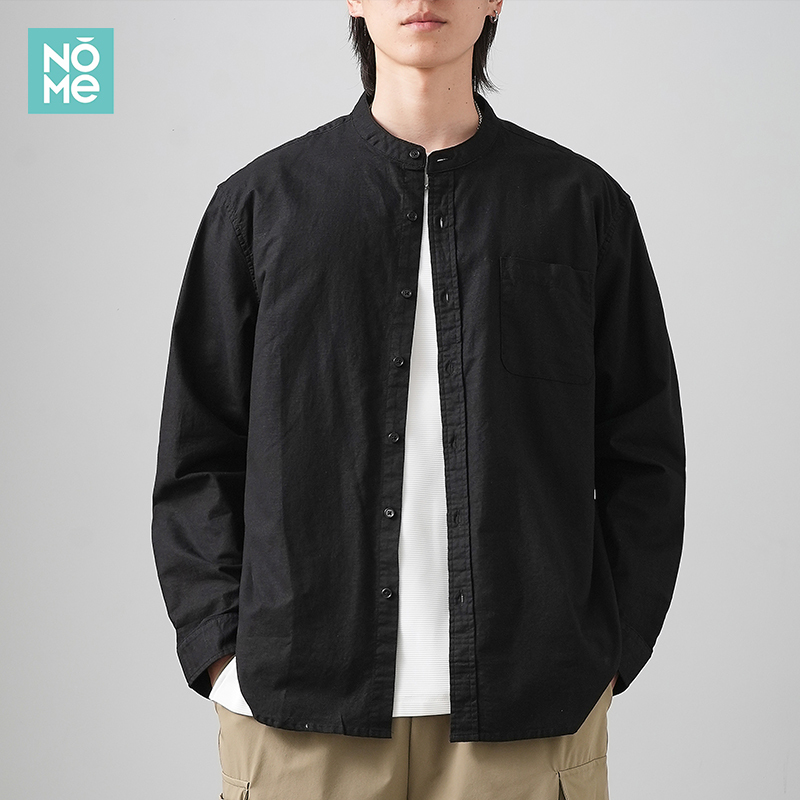 Nome New Chinese Style Stand Collar Cotton Linen Long Sleeve Shirt for Men, Autumn American Style Linen Collarless Shirt, Solid Color Shirt Jacket