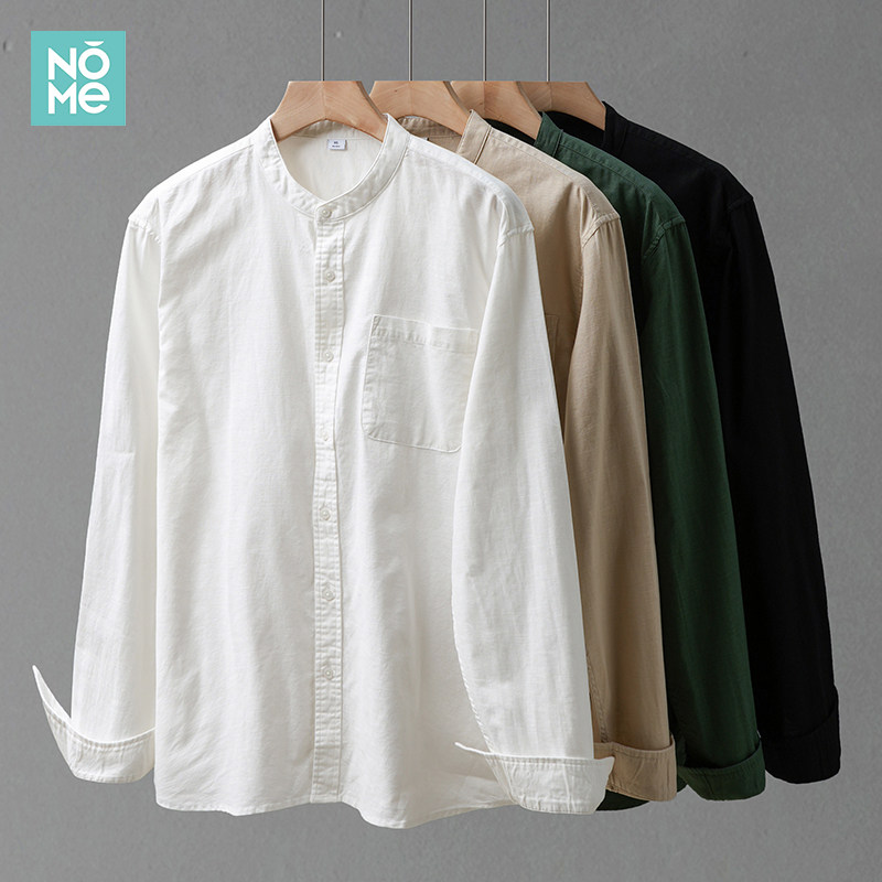 NOME メンズ コットンリネン スタンドカラー 長袖シャツ、秋スタイル、高級ホワイトノーカラーリネンシャツ、カジュアルジャケット。