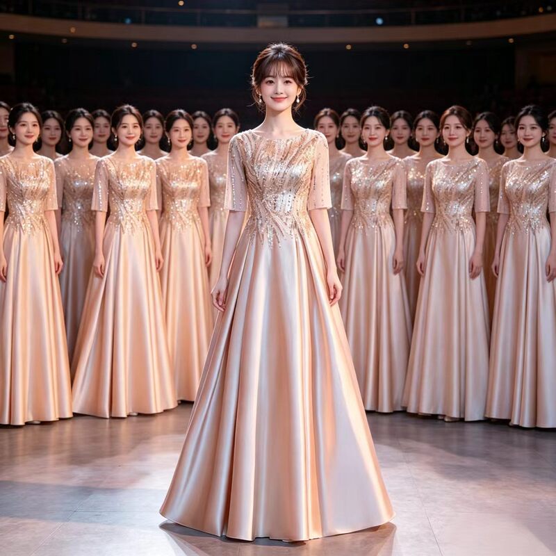 Choir Women's Long Dress 2026 Sequined Red Choir Performance Costume Annual Meeting Host Performance Evening Dress Choir Women's Long Dress 2026 Sequined Red Choir Performance Costume Annual Meeting Host Performance Evening Dress