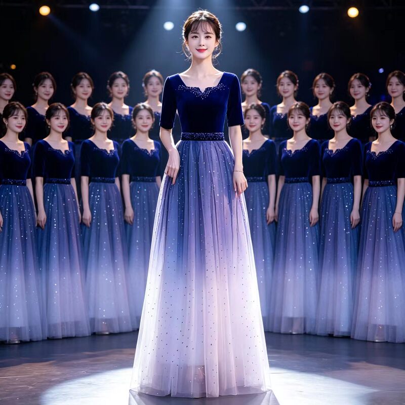 Blue Choir Dress Long Gown for Women 2026 New Model Adult Male and Female Students Red Song Competition Stage Performance Dress Blue Choir Dress Long Gown for Women 2026 New Model Adult Male and Female Students Red Song Competition Stage Performance Dress