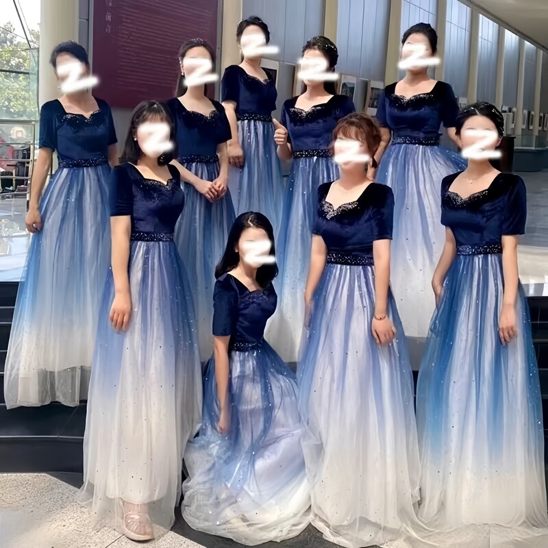 Blue Gradient Choir Performance Dress for Women, Long Skirt, Student-Style Elegant Dress for Poetry Recitation Competition Stage Performance