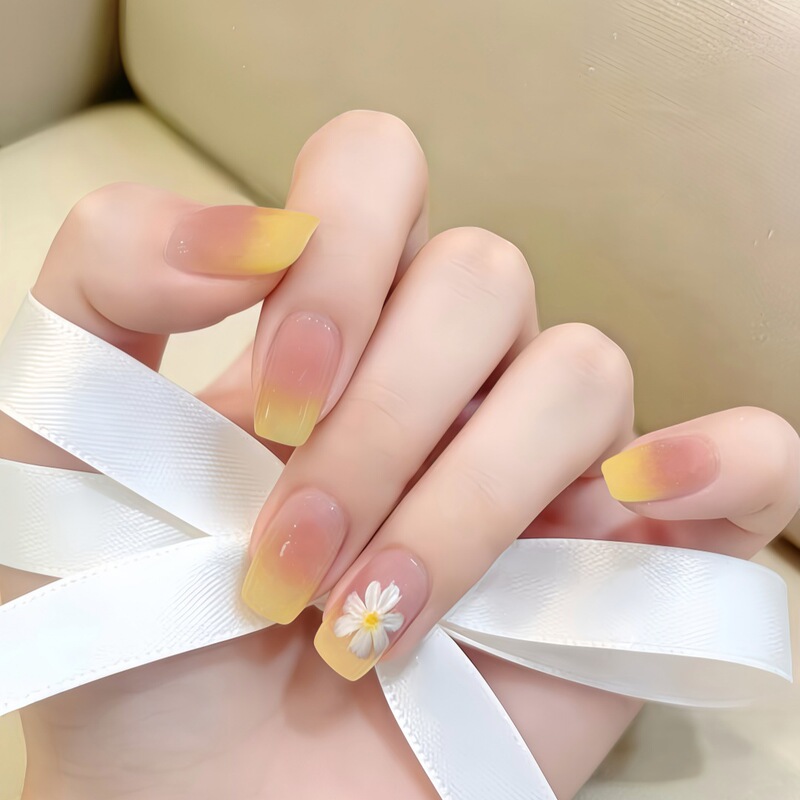 Mid-Length Wearable Nail Stickers in Lemon Yellow Gradient Color with Small Flowers, Fresh and Simple Fake Nails for Summer Mid-Length Wearable Nail Stickers in Lemon Yellow Gradient Color with Small Flowers, Fresh and Simple Fake Nails for Summer