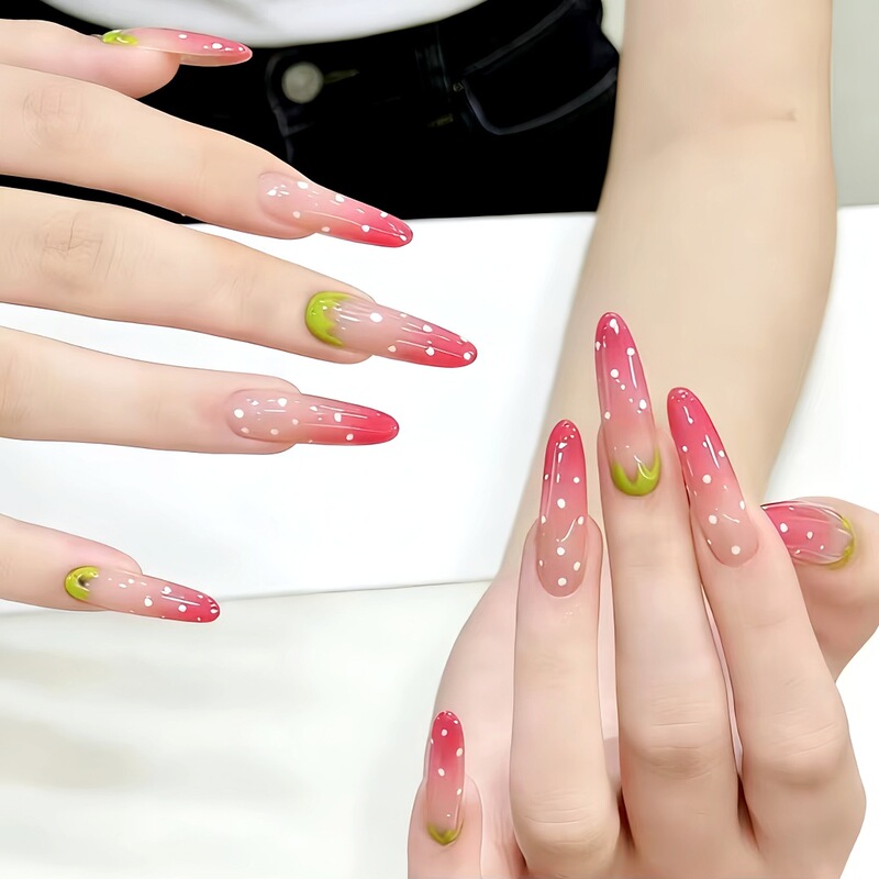 Extended-Length Wearable Nail Patches, Fresh and Cute, Pink Strawberry Gradient for Girls in Summer, Removable Fake Nails for Students