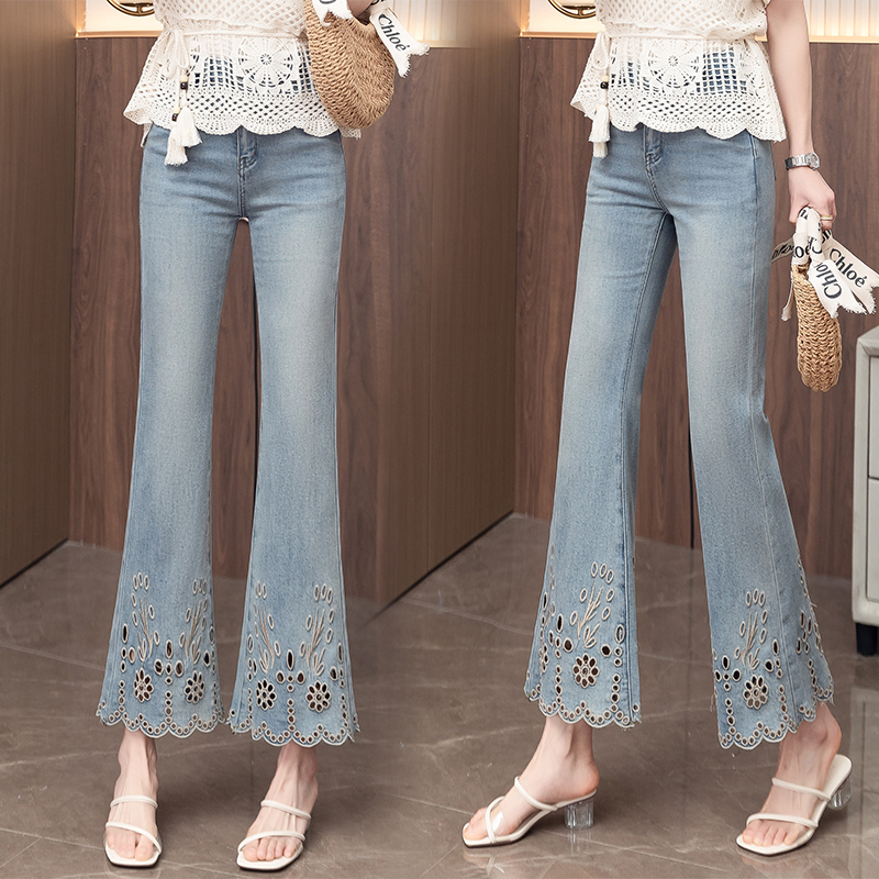 Petite Women's Hollow-Out Embroidered Denim Flared Pants, Summer 2026 Thin Style, Plus Size, Slimming High-Waisted Straight-Leg Bell-Bottom Pants