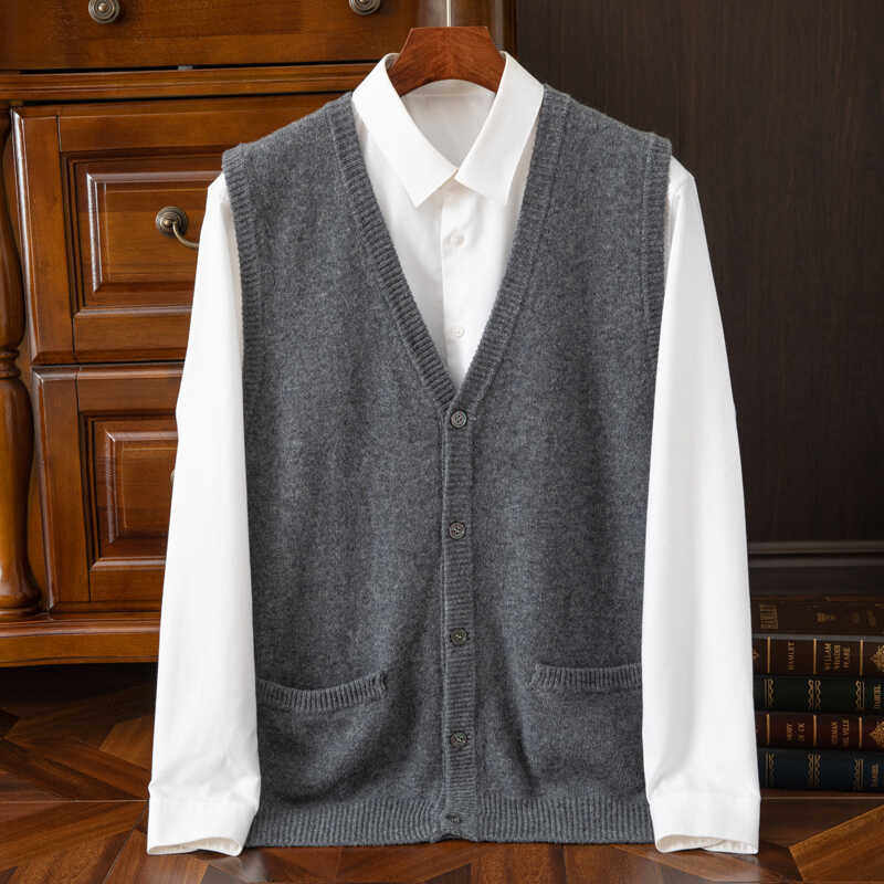 Luxurious 100% Wool Sweater Vest for Men, V-Neck Pure Cashmere Cardigan, Sleeveless Thickened Knit Vest Outerwear