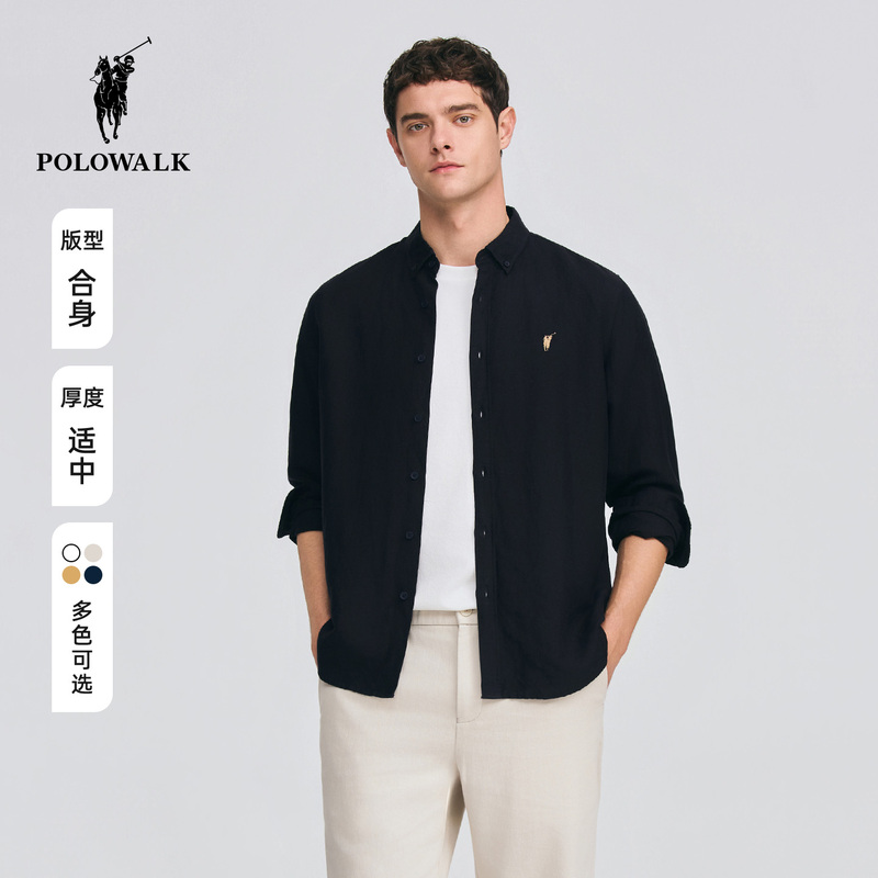 Polowalk Men's Long-Sleeved Shirt 2026 Autum New Product Simple Pure Color Linen Blended Button-Down Shirt Polowalk Men's Long-Sleeved Shirt 2026 Autum New Product Simple Pure Color Linen Blended Button-Down Shirt