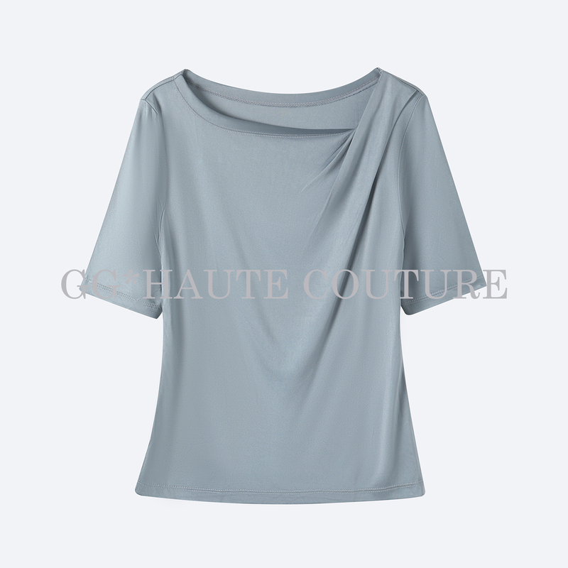 [Gege Is Here] [Price Only Available This Time] Imported Triacetate Off-Shoulder Pleated Short-Sleeve Top 22-45