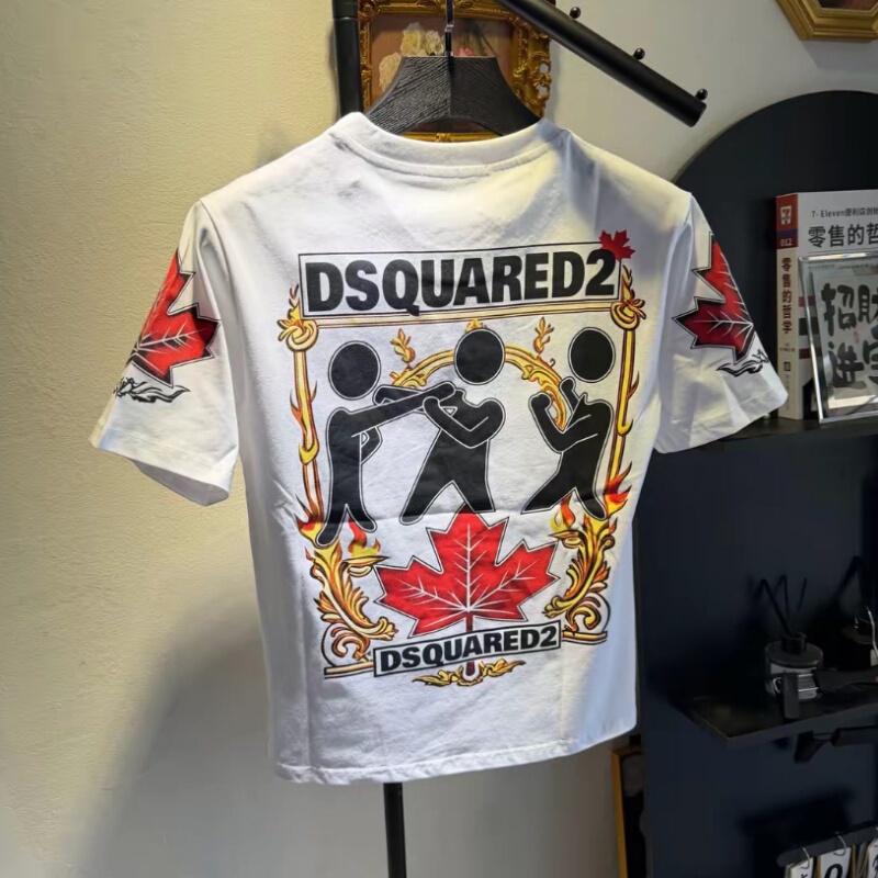 Guangzhou High-End Version [All Tags Intact + Original Bag] Light Luxury D2 Trendy Brand New Model with Gold-Edged Red Maple Leaf and Three Little Figures Short T-Shirt