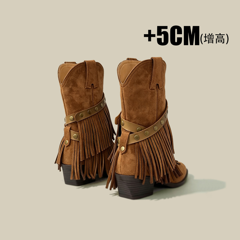 Brown Thick-Soled Tassel Boots for Women 2026 Spring and Autumn New Style Height-Increasing Retro Western Boots for Travel in the Northwest with Chunky Heels and Short Boots