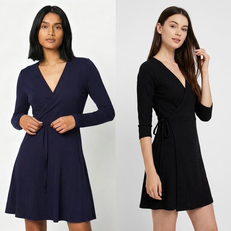 Special~Nordic Export Single Size Xs-Xl Basic Viscose Long-Sleeve Wrap Dress with Tie, V-Neck Slimming Short Dress Special~Nordic Export Single Size Xs-Xl Basic Viscose Long-Sleeve Wrap Dress with Tie, V-Neck Slimming Short Dress