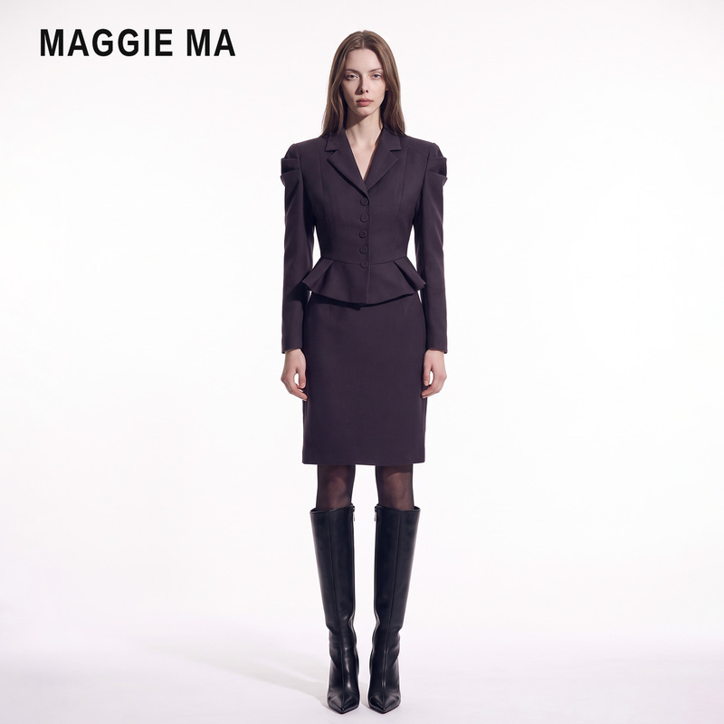 Maggie Ma/Du Le Li Dark Purple Three-Dimensional Pleated Waist-Cinching Ruffle Blazer Straight Skirt Suit for Women