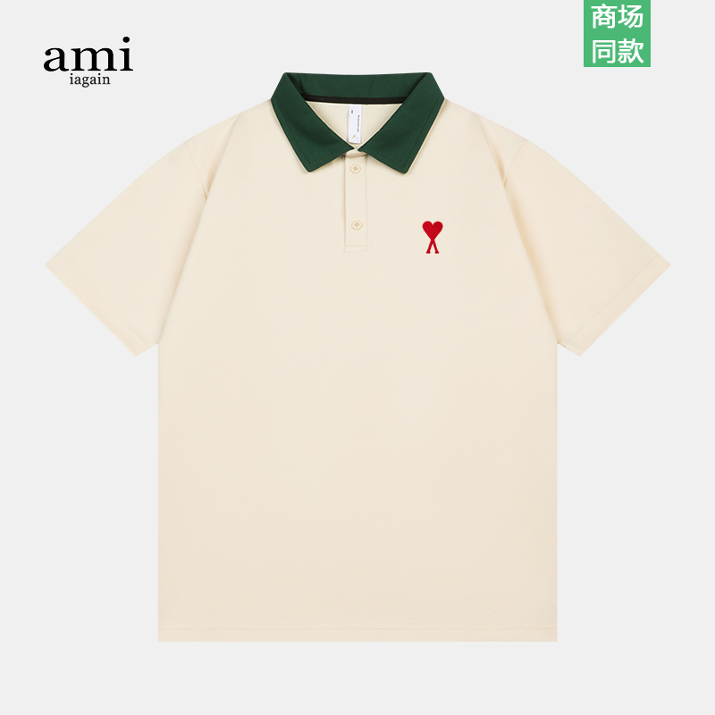 Ami Iagain Official Polo Shirt for Men and Women, Summer Loose Lapel Short-Sleeved Heart Embroidered Trendy Brand T-Shirt