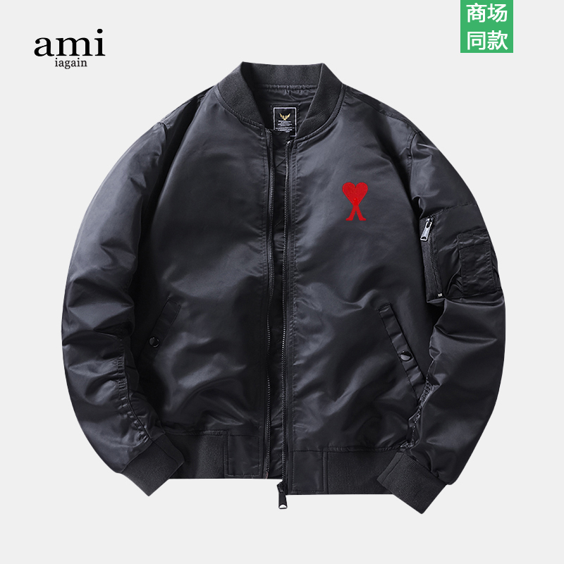 Ami Iagain Official Flight Jacket for Men and Women, Couple Outfit, Spring Casual Heart Embroidery Baseball Jacket, Trendy Ami Iagain Official Flight Jacket for Men and Women, Couple Outfit, Spring Casual Heart Embroidery Baseball Jacket, Trendy
