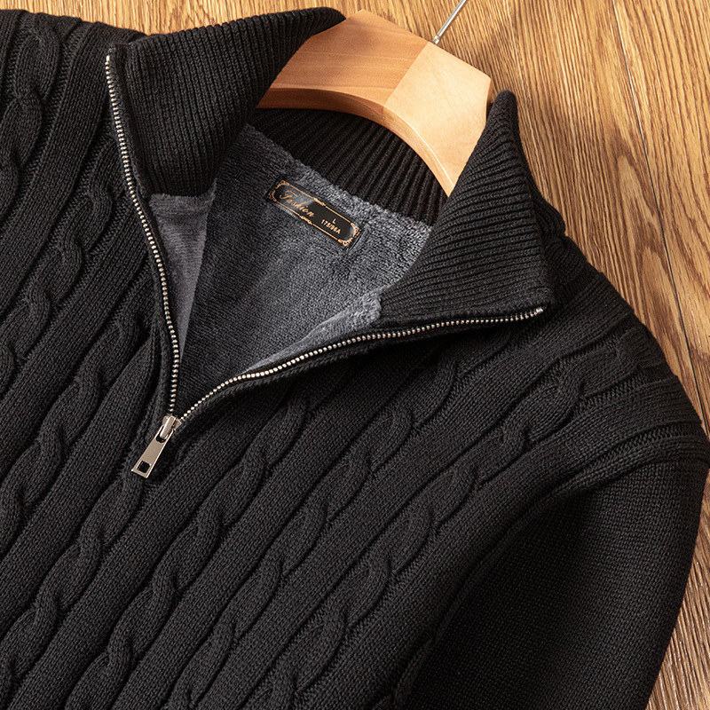 Half-Turtleneck Sweater for Men, Autumn and Winter, Warm, Fleece-Lined, Thickened, Base Layer, Mid-Neck Knitwear, Zip-Up Sweater Jacket