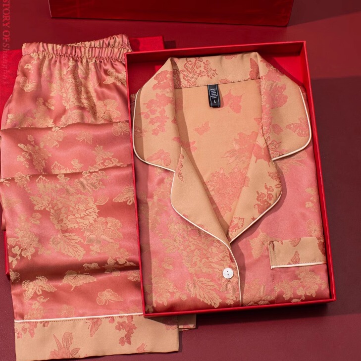 Da Vinci Genuine Ice Silk Pajamas, Gold Butterfly Rouge Cationic Jacquard Silk Pajamas, Outerwear, Home Wear, Spring and Summer Style