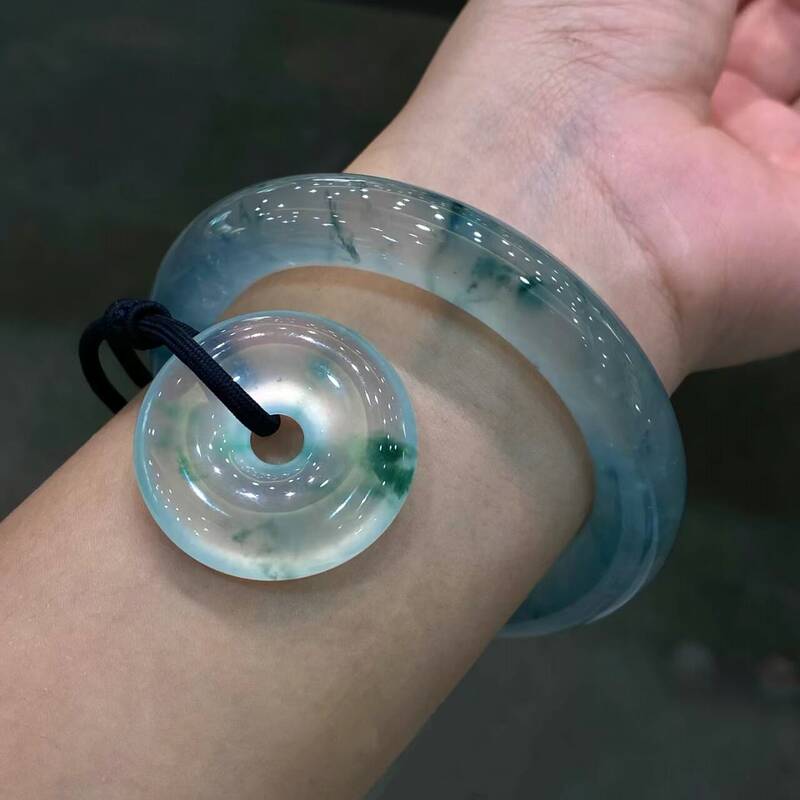 Natural Burmese Jade Glass Type Floating Flower Jade Bracelet High-End Genuine Ice Type A-Grade Floating Flower Peace Buckle Pendant