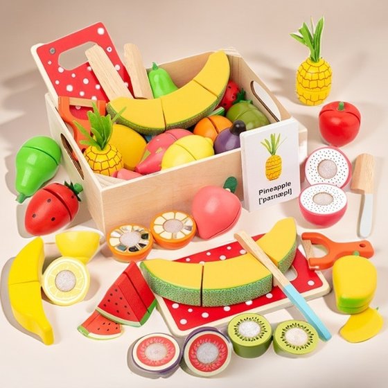 儿童过家家切切乐玩具木制仿真水果蔬菜魔术贴切切看木盒装益智